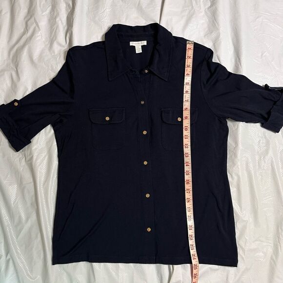 Charter Club Dark Navy Button-Up soft knit jersey short sleeve Shirt size Large - Picture 6 of 10
